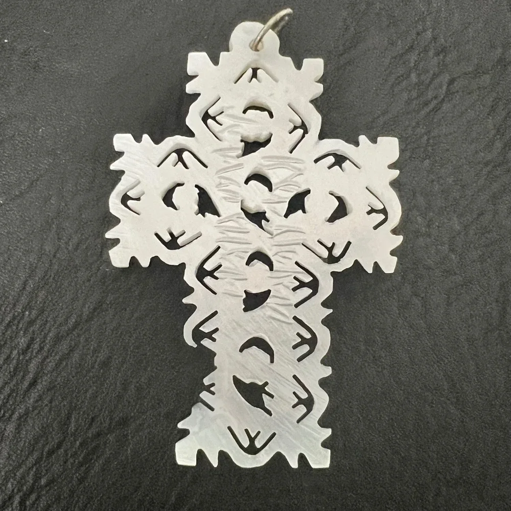 Vintage Mother of Pearl Carved Cross Pendant Bethlehem Lace Openwork Shell 2.5
